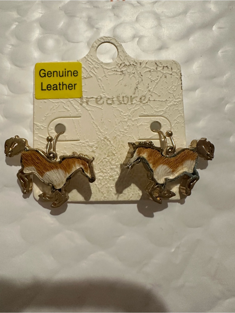 Genuine Leather Horse Motif Earrings - Tan & White